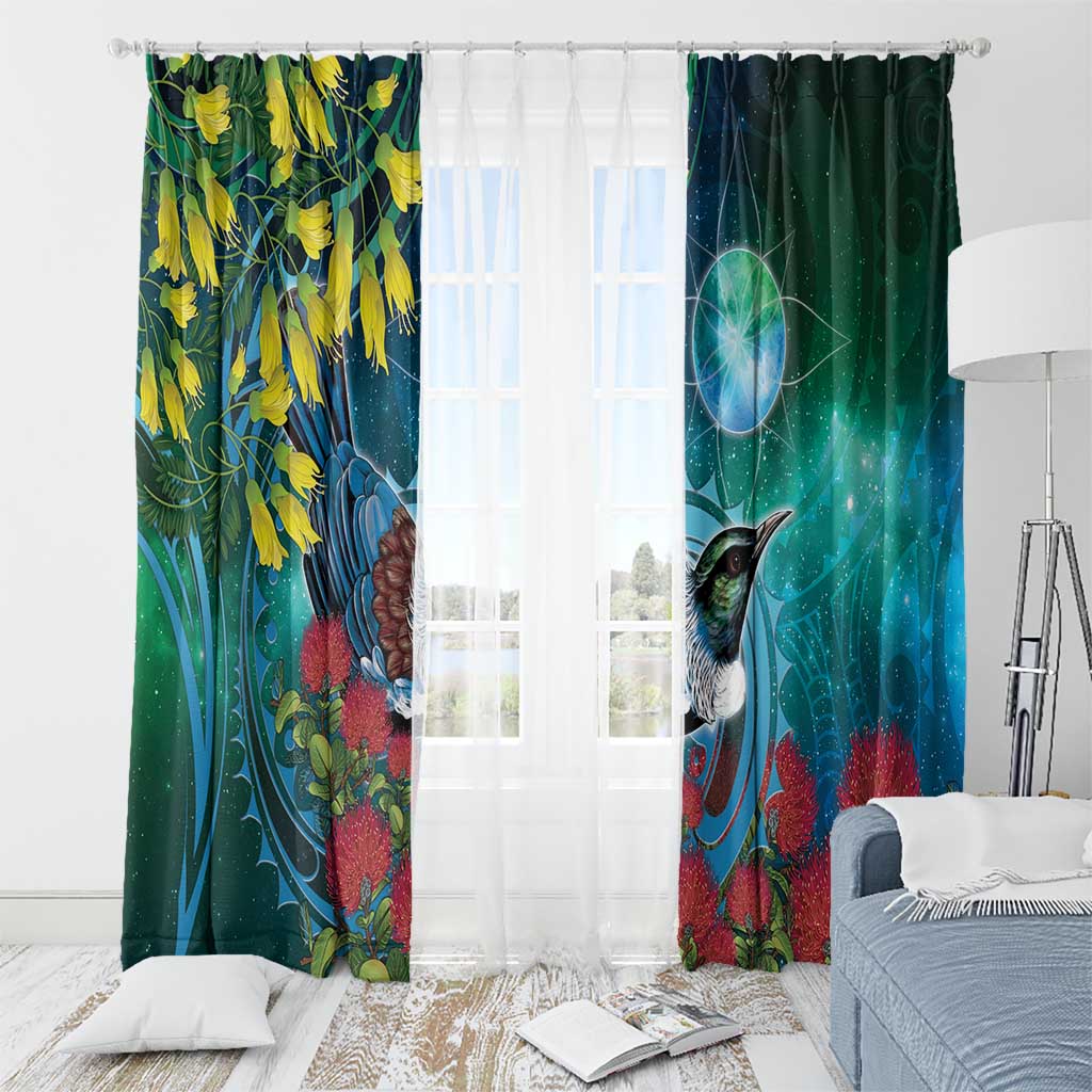 New Zealand Tui Bird Window Curtain Maori Koru With Pohutukawa Galaxy Style - Polynesian Pride