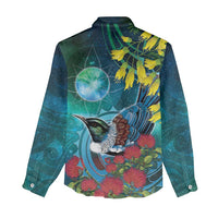New Zealand Tui Bird Women Casual Shirt Maori Koru With Pohutukawa Galaxy Style - Polynesian Pride