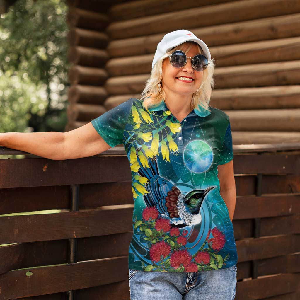 New Zealand Tui Bird Women Polo Shirt Maori Koru With Pohutukawa Galaxy Style - Polynesian Pride