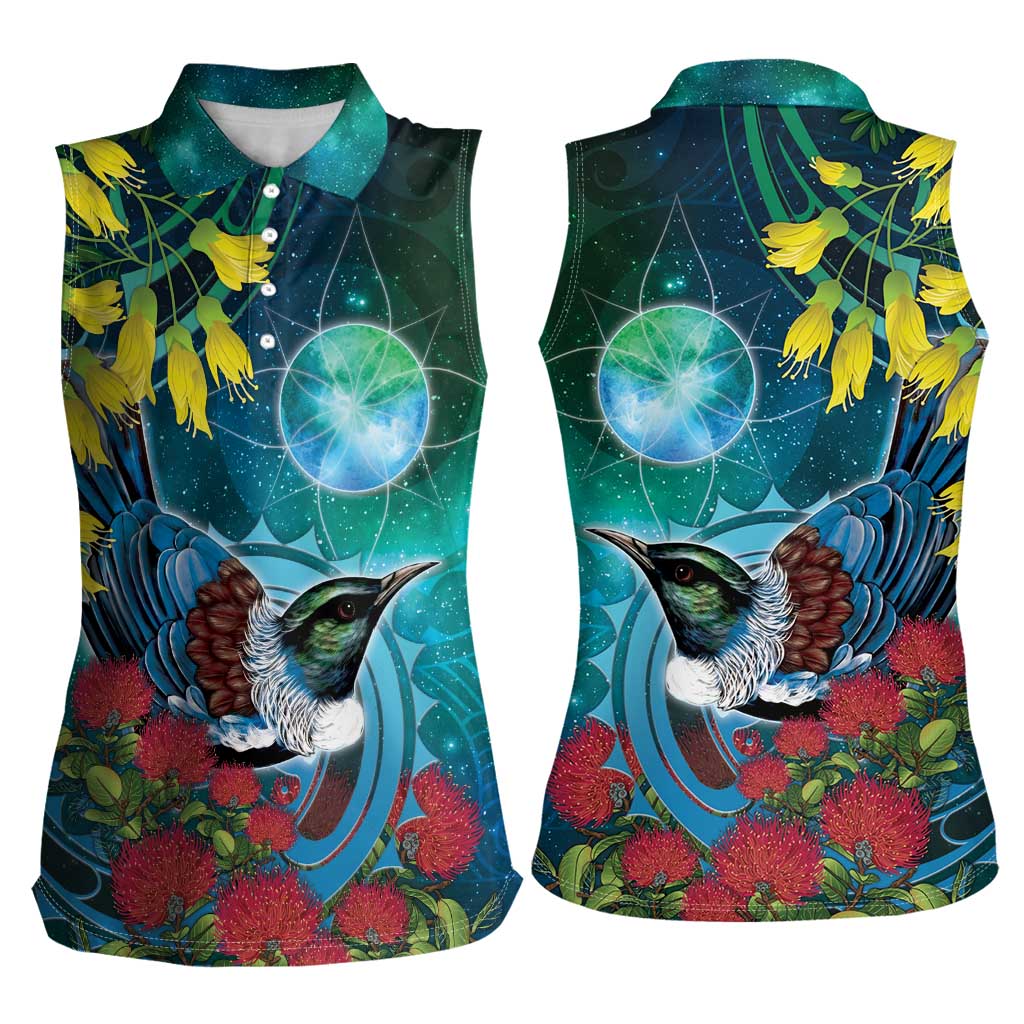 New Zealand Tui Bird Women Sleeveless Polo Shirt Maori Koru With Pohutukawa Galaxy Style - Polynesian Pride