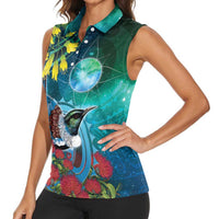 New Zealand Tui Bird Women Sleeveless Polo Shirt Maori Koru With Pohutukawa Galaxy Style - Polynesian Pride