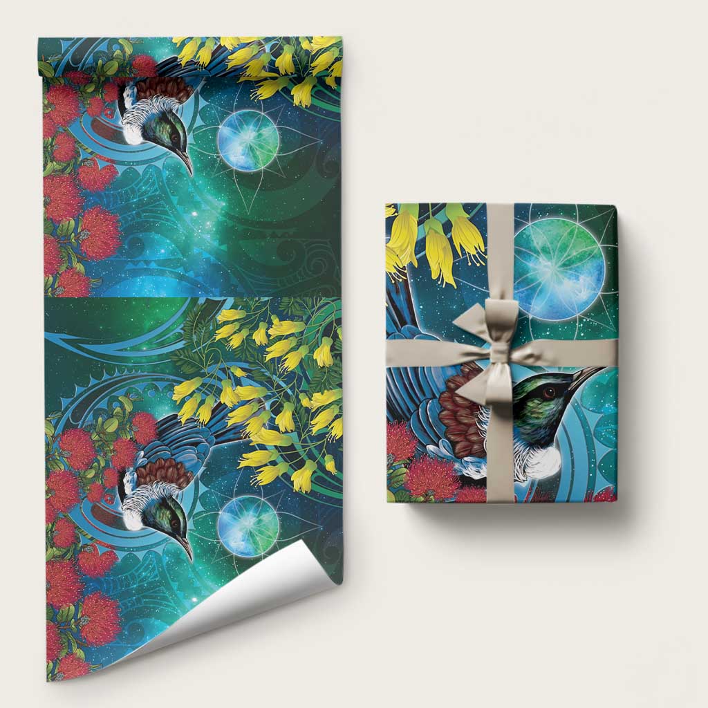 New Zealand Tui Bird Wrapping Paper Maori Koru With Pohutukawa Galaxy Style LT05 58" × 23" Blue - Polynesian Pride