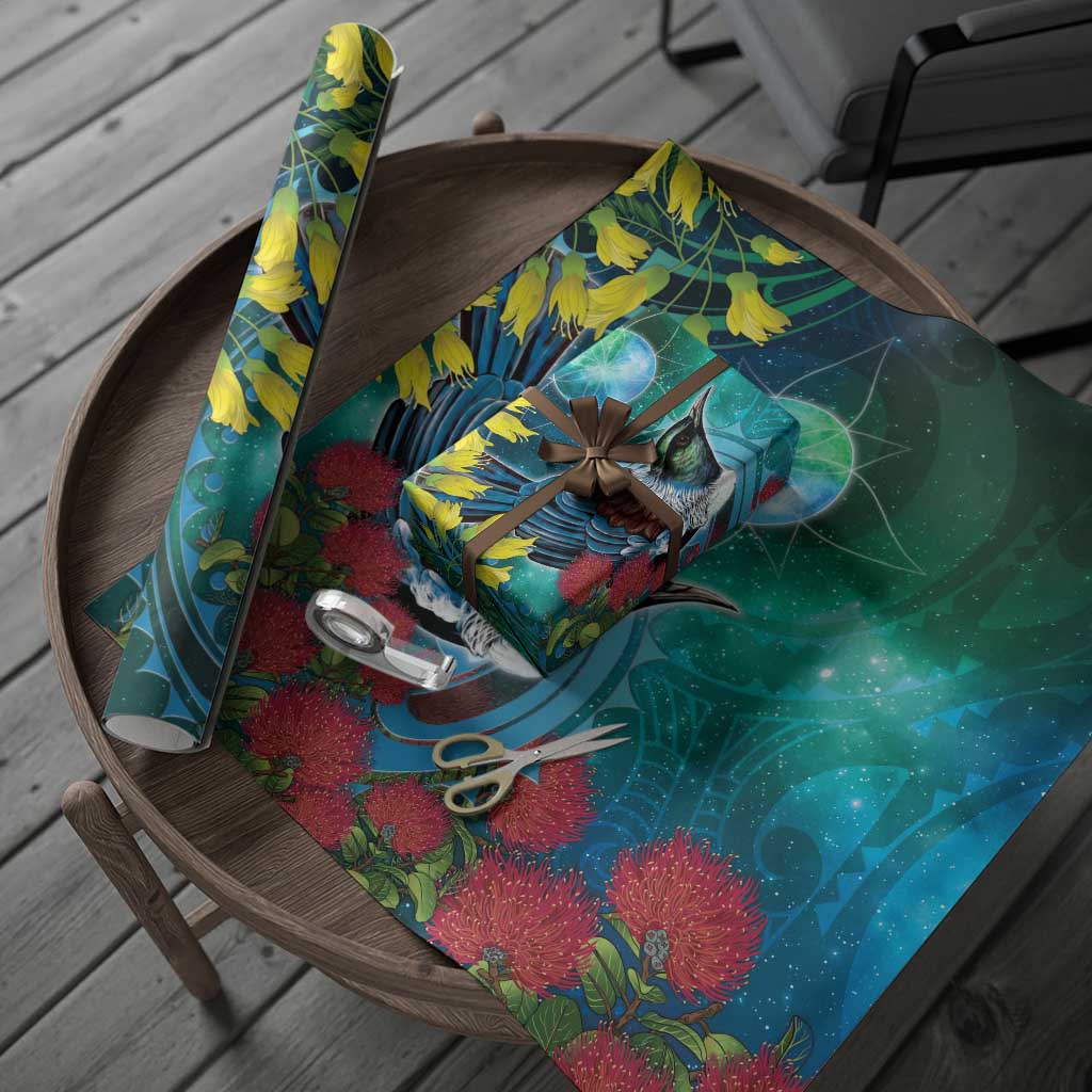 New Zealand Tui Bird Wrapping Paper Maori Koru With Pohutukawa Galaxy Style LT05 - Polynesian Pride