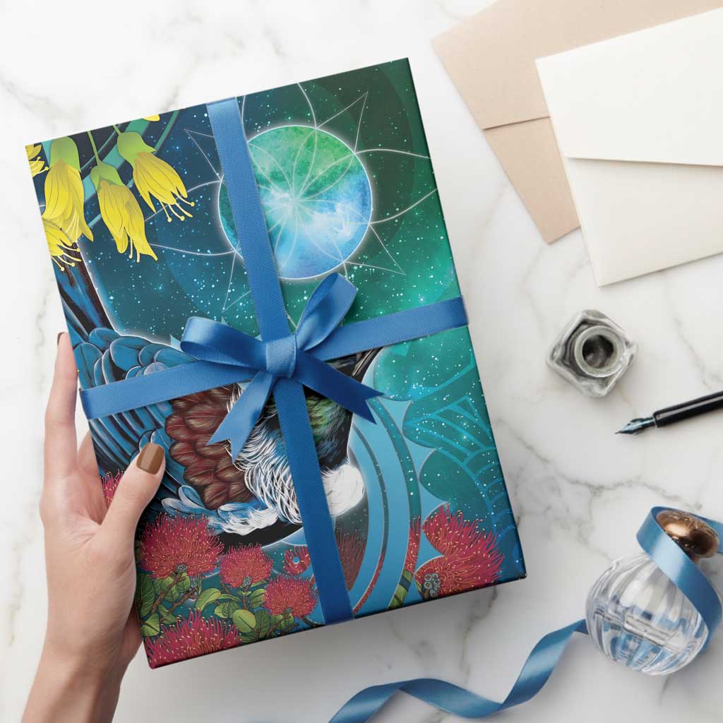 New Zealand Tui Bird Wrapping Paper Maori Koru With Pohutukawa Galaxy Style LT05 - Polynesian Pride