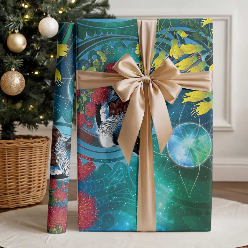 New Zealand Tui Bird Wrapping Paper Maori Koru With Pohutukawa Galaxy Style LT05 - Polynesian Pride
