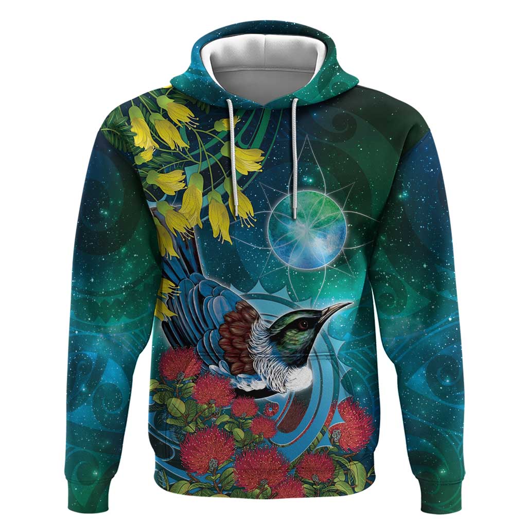 New Zealand Tui Bird Zip Hoodie Maori Koru With Pohutukawa Galaxy Style - Polynesian Pride