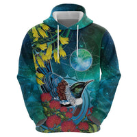 New Zealand Tui Bird Zip Hoodie Maori Koru With Pohutukawa Galaxy Style - Polynesian Pride