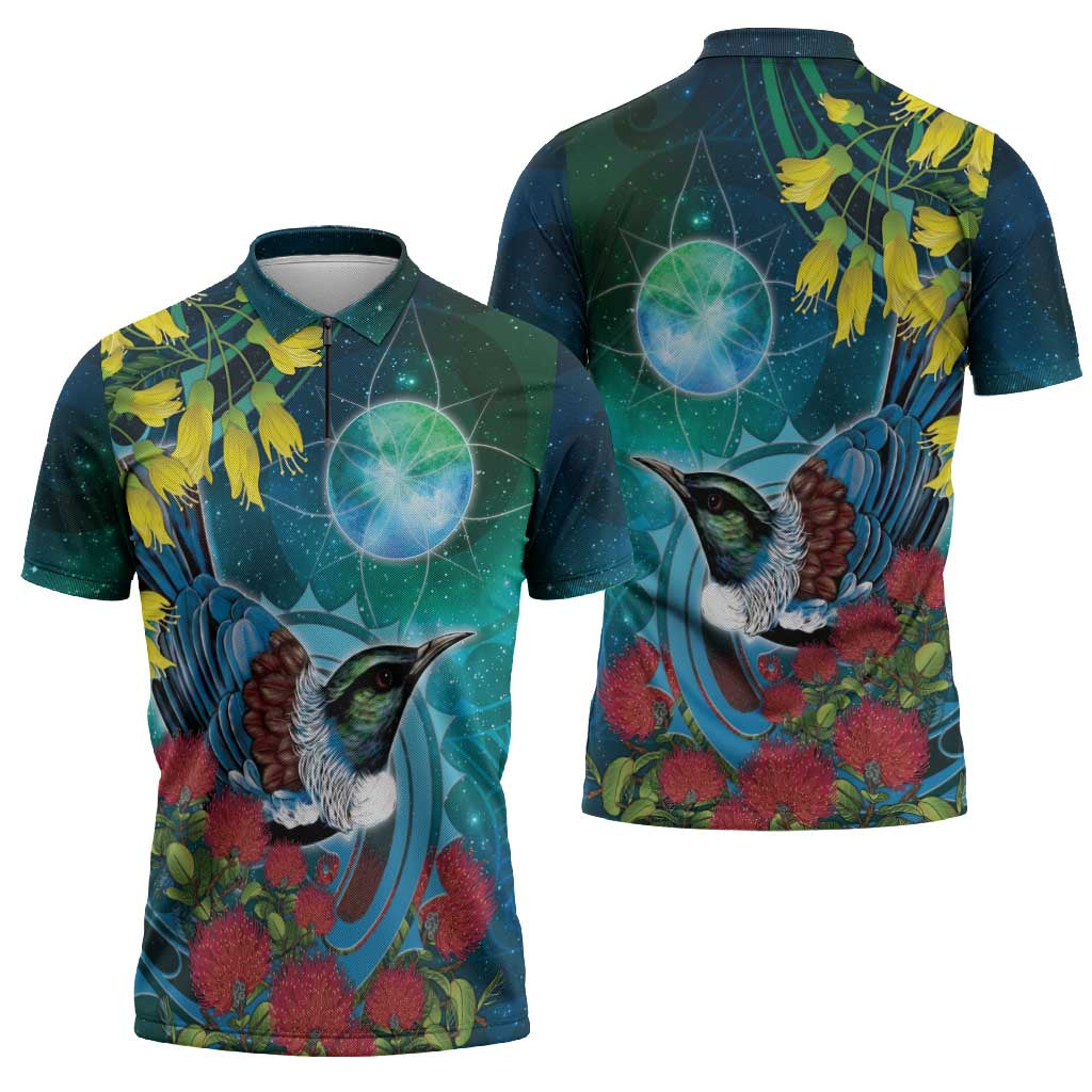New Zealand Tui Bird Zipper Polo Shirt Maori Koru With Pohutukawa Galaxy Style - Polynesian Pride