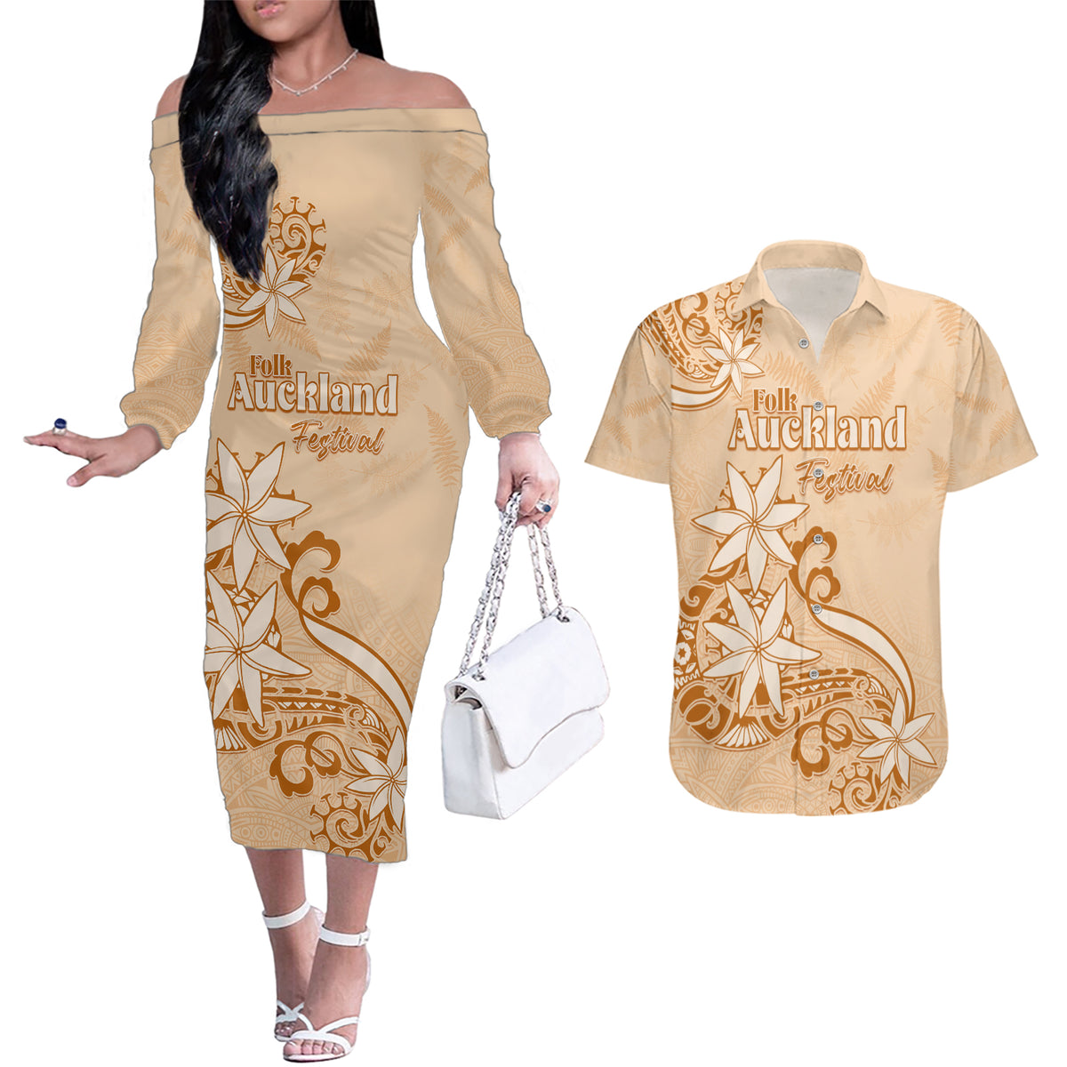 Personalised New Zealand Auckland Folk Festival Couples Matching Off The Shoulder Long Sleeve Dress and Hawaiian Shirt Vintage Style LT05 Brown - Polynesian Pride
