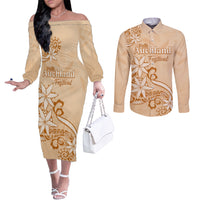 Personalised New Zealand Auckland Folk Festival Couples Matching Off The Shoulder Long Sleeve Dress and Long Sleeve Button Shirt Vintage Style LT05 Brown - Polynesian Pride