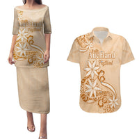 Personalised New Zealand Auckland Folk Festival Couples Matching Puletasi Dress and Hawaiian Shirt Vintage Style LT05 Brown - Polynesian Pride