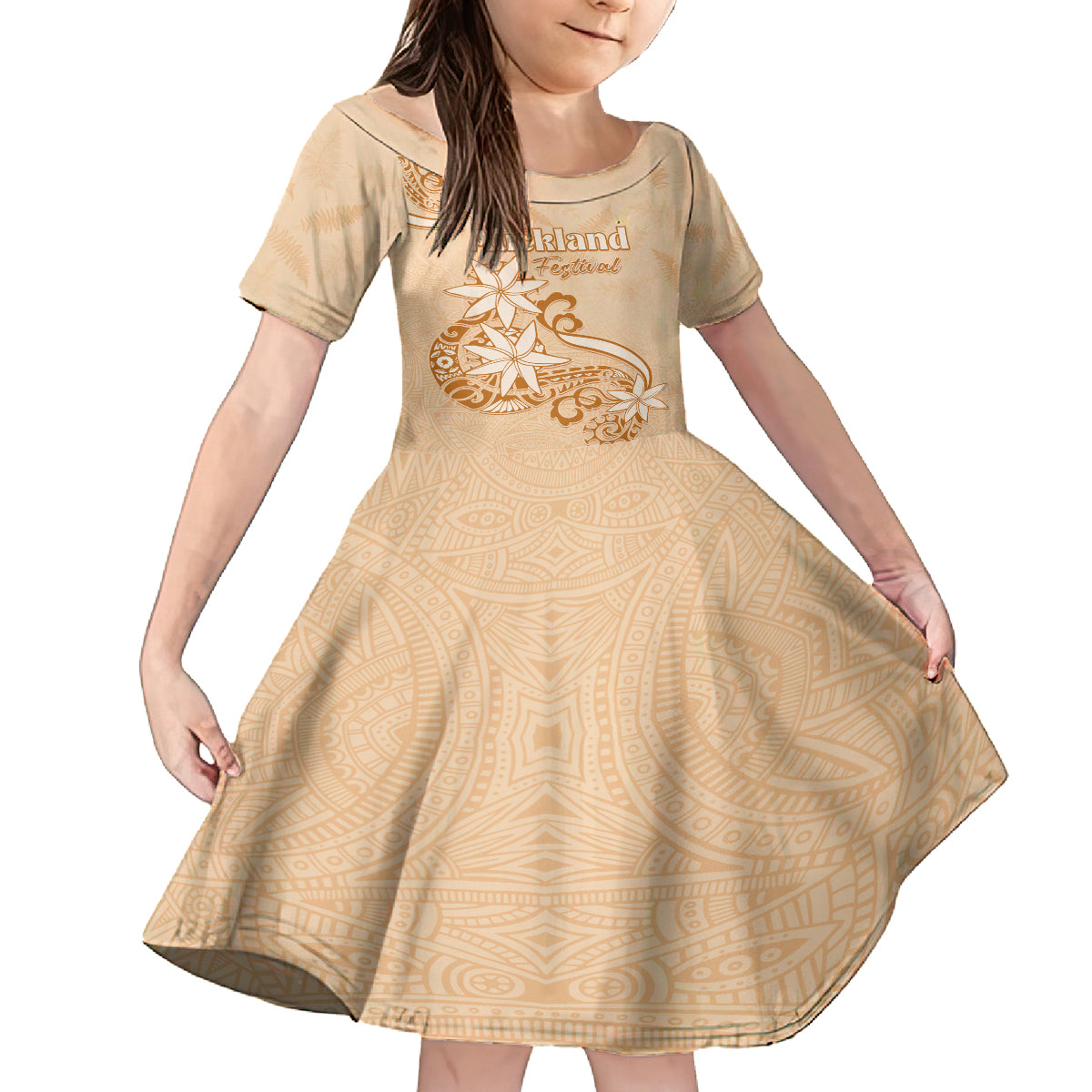 Personalised New Zealand Auckland Folk Festival Family Matching Puletasi Dress and Hawaiian Shirt Vintage Style LT05 Daughter's Dress Brown - Polynesian Pride