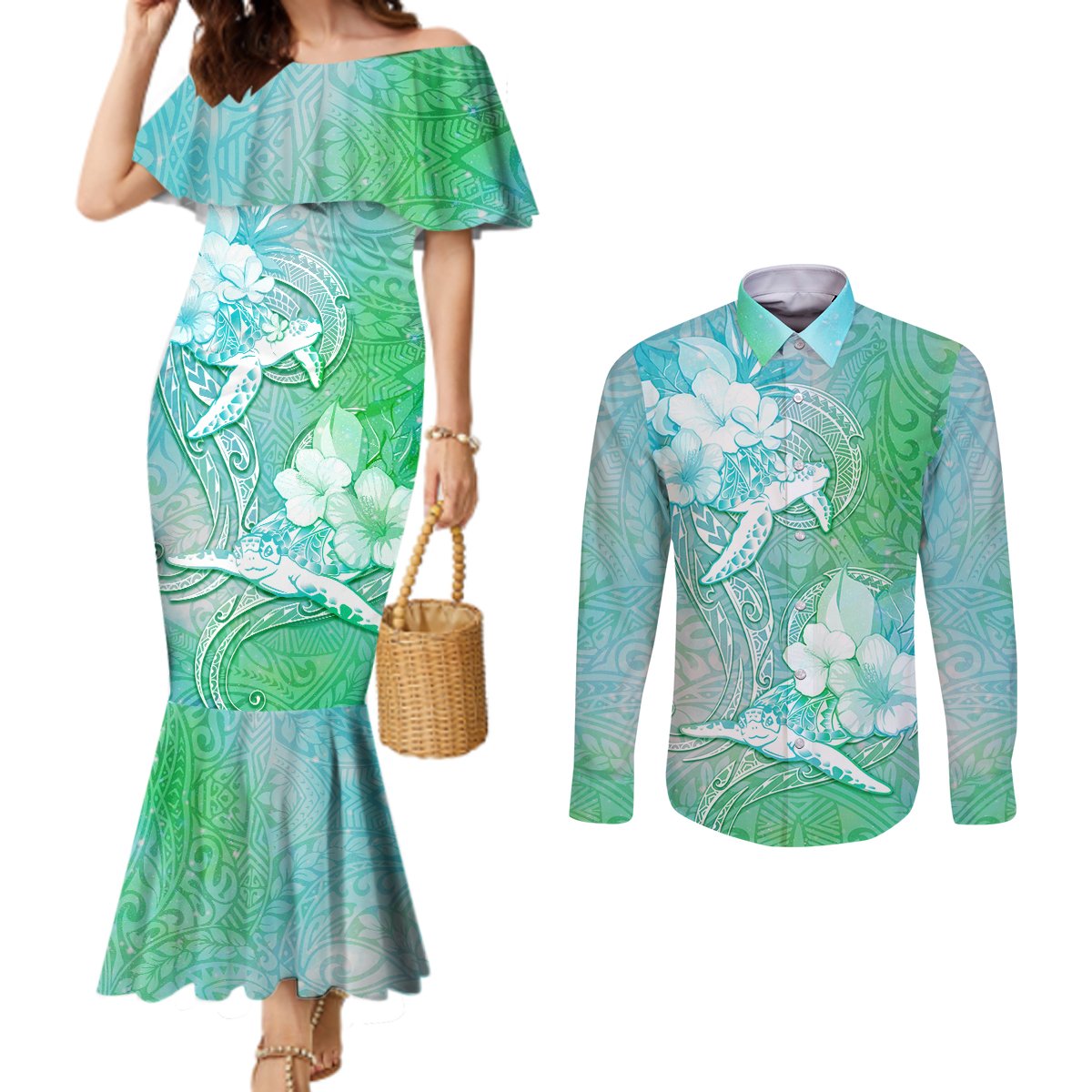 Couple Sea Turtle One Love One Heart Couples Matching Mermaid Dress and Long Sleeve Button Shirt LT05 Aqua - Polynesian Pride