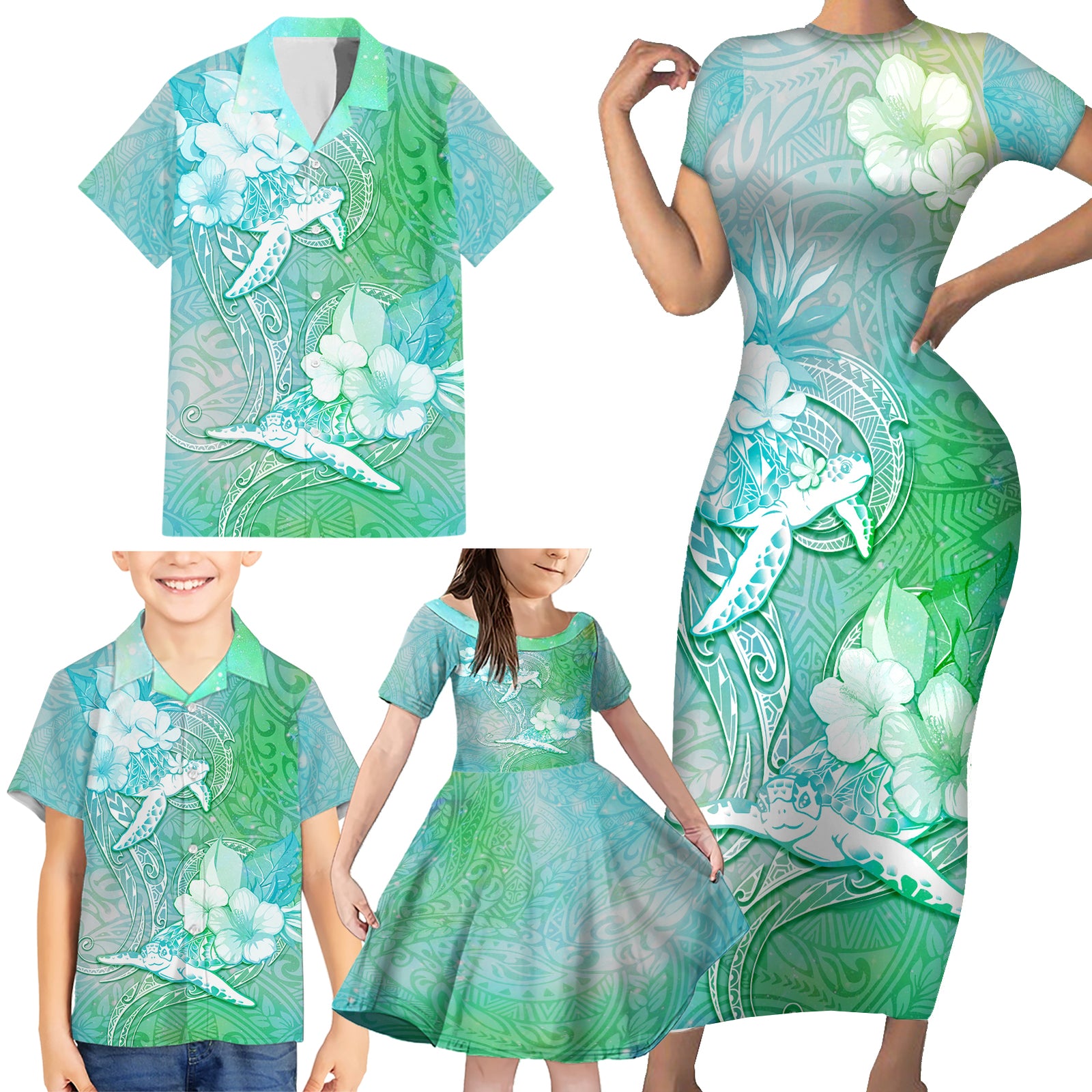 Couple Sea Turtle One Love One Heart Family Matching Short Sleeve Bodycon Dress and Hawaiian Shirt LT05 - Polynesian Pride