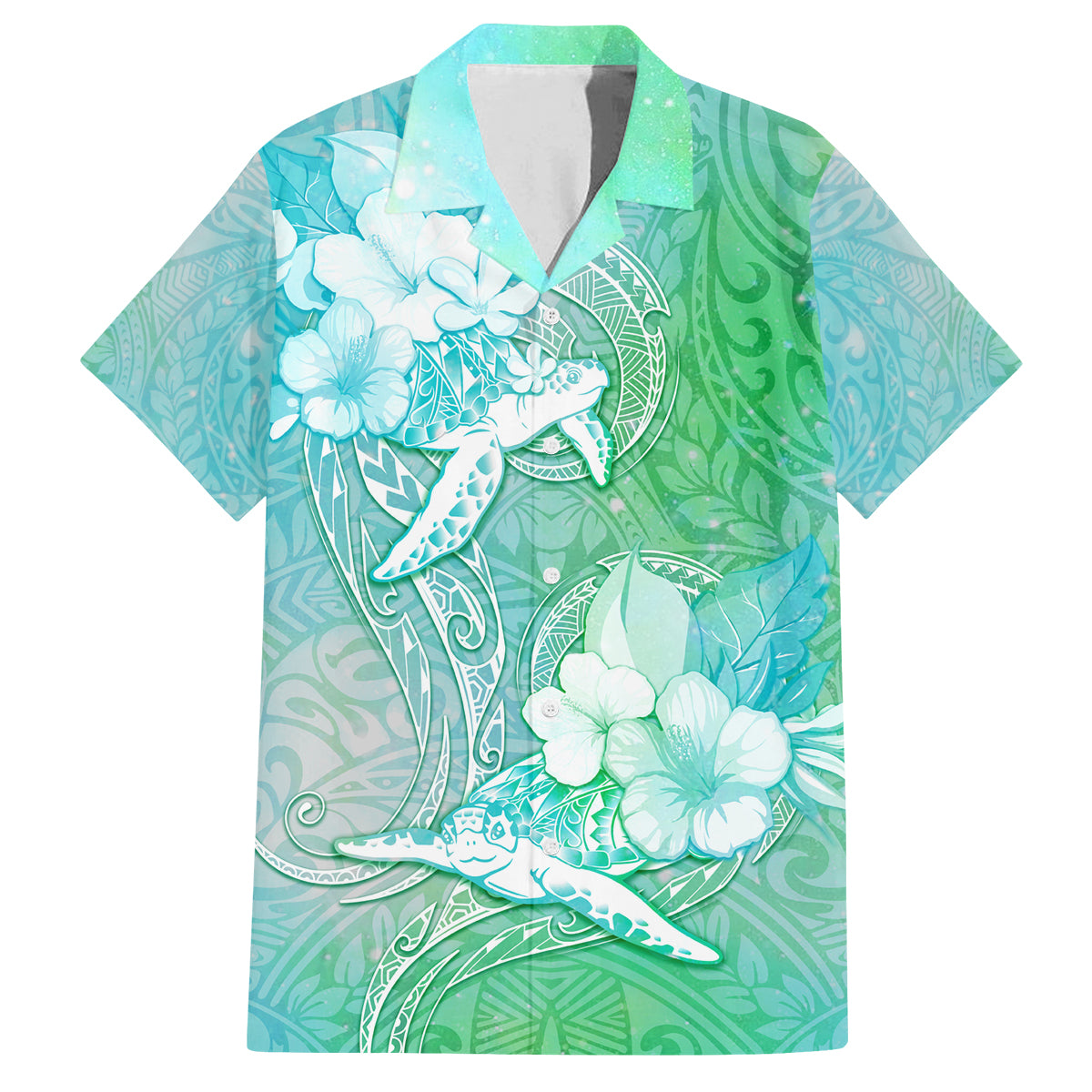 Couple Sea Turtle One Love One Heart Family Matching Tank Maxi Dress and Hawaiian Shirt LT05 Dad's Shirt - Short Sleeve Aqua - Polynesian Pride