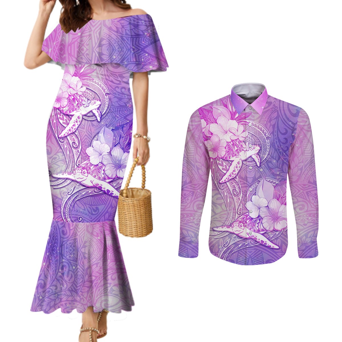 Couple Sea Turtle Love Give Us A Fairytale Couples Matching Mermaid Dress and Long Sleeve Button Shirt LT05 Pink - Polynesian Pride