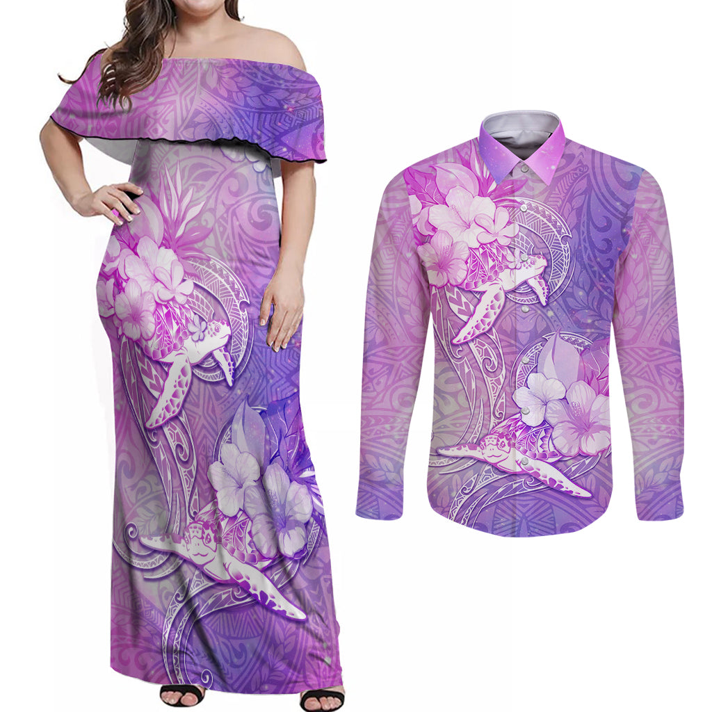 Couple Sea Turtle Love Give Us A Fairytale Couples Matching Off Shoulder Maxi Dress and Long Sleeve Button Shirt LT05 Pink - Polynesian Pride