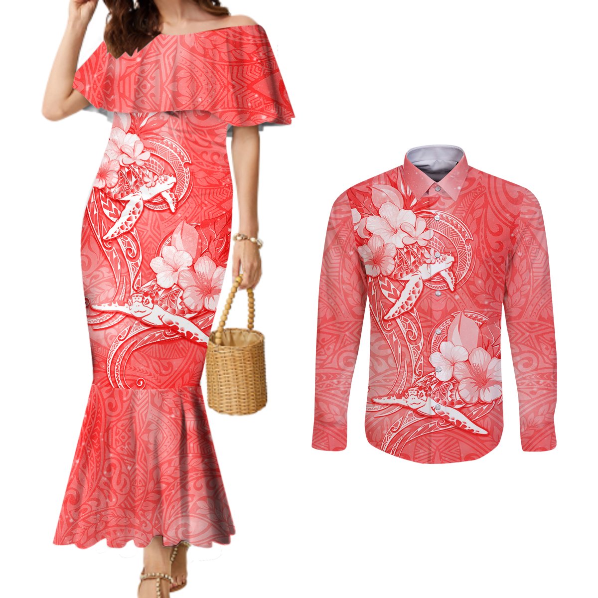 Polynesia Sea Turtle Couple Couples Matching Mermaid Dress and Long Sleeve Button Shirt Happy Valentine Day Red LT05 Red - Polynesian Pride