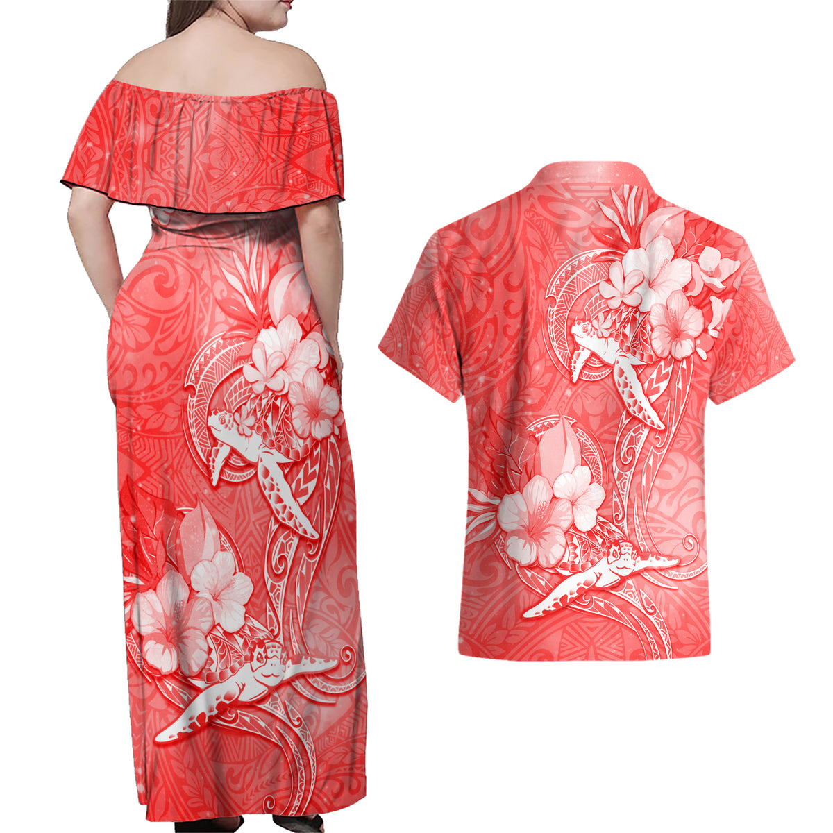 Polynesia Sea Turtle Couple Couples Matching Off Shoulder Maxi Dress and Hawaiian Shirt Happy Valentine Day Red LT05 - Polynesian Pride
