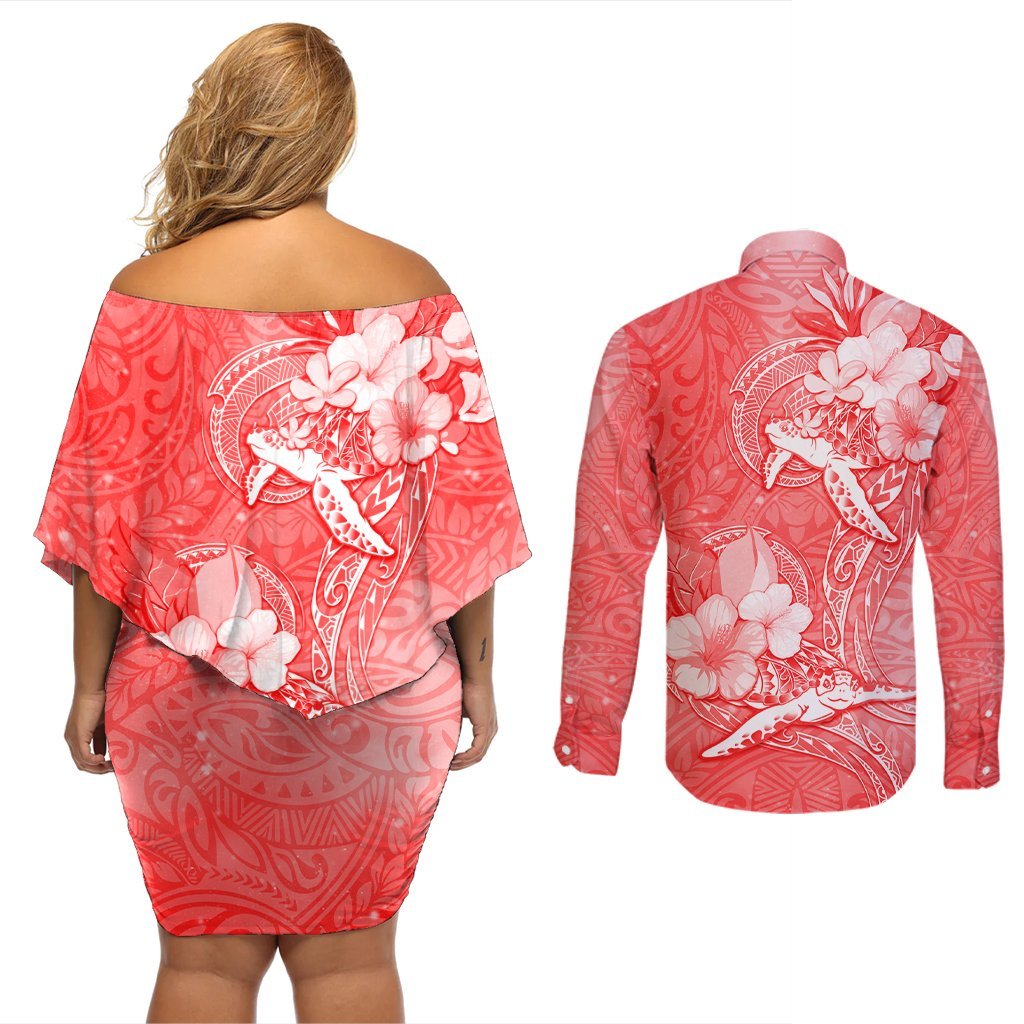 Polynesia Sea Turtle Couple Couples Matching Off Shoulder Short Dress and Long Sleeve Button Shirt Happy Valentine Day Red LT05 - Polynesian Pride