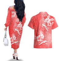Polynesia Sea Turtle Couple Couples Matching Off The Shoulder Long Sleeve Dress and Hawaiian Shirt Happy Valentine Day Red LT05 - Polynesian Pride