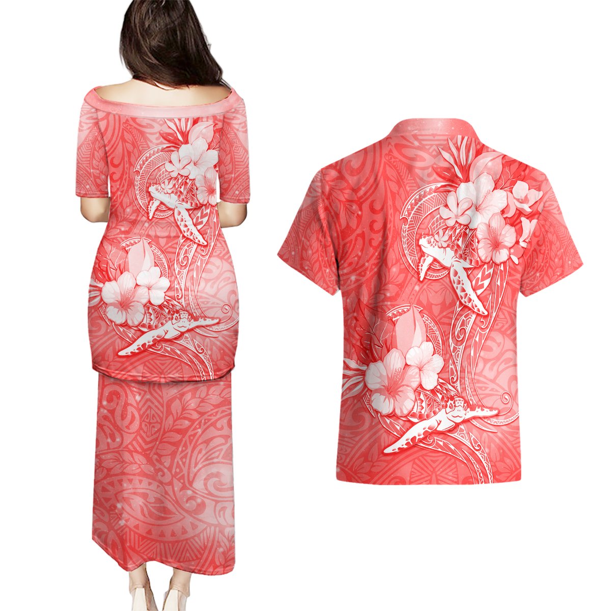 Polynesia Sea Turtle Couple Couples Matching Puletasi Dress and Hawaiian Shirt Happy Valentine Day Red LT05 - Polynesian Pride
