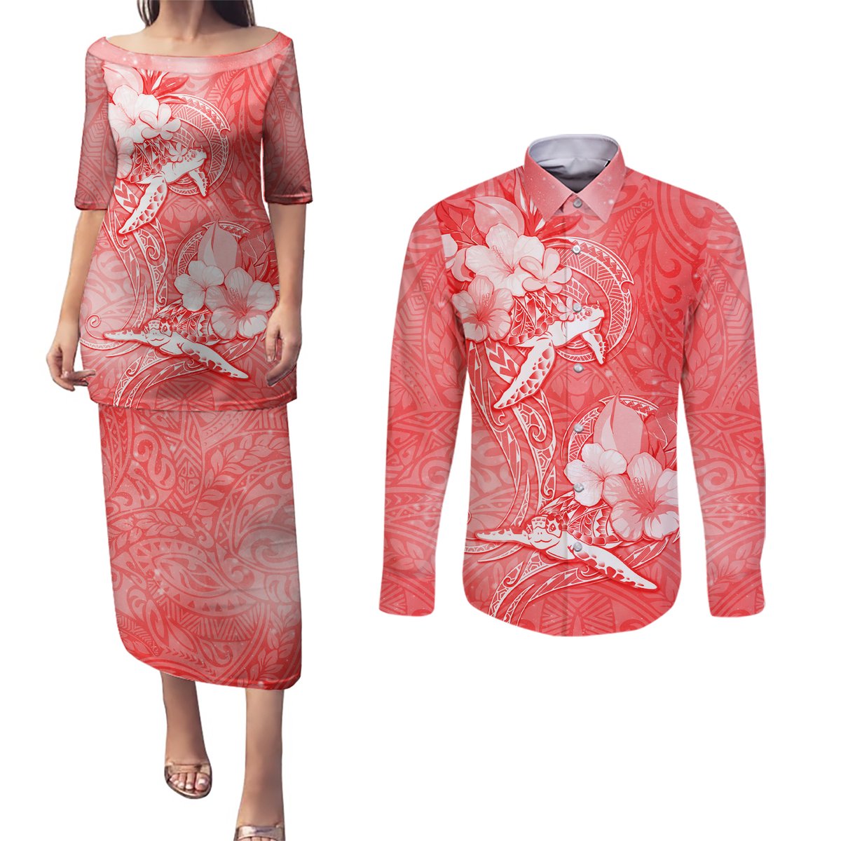 Polynesia Sea Turtle Couple Couples Matching Puletasi Dress and Long Sleeve Button Shirt Happy Valentine Day Red LT05 Red - Polynesian Pride