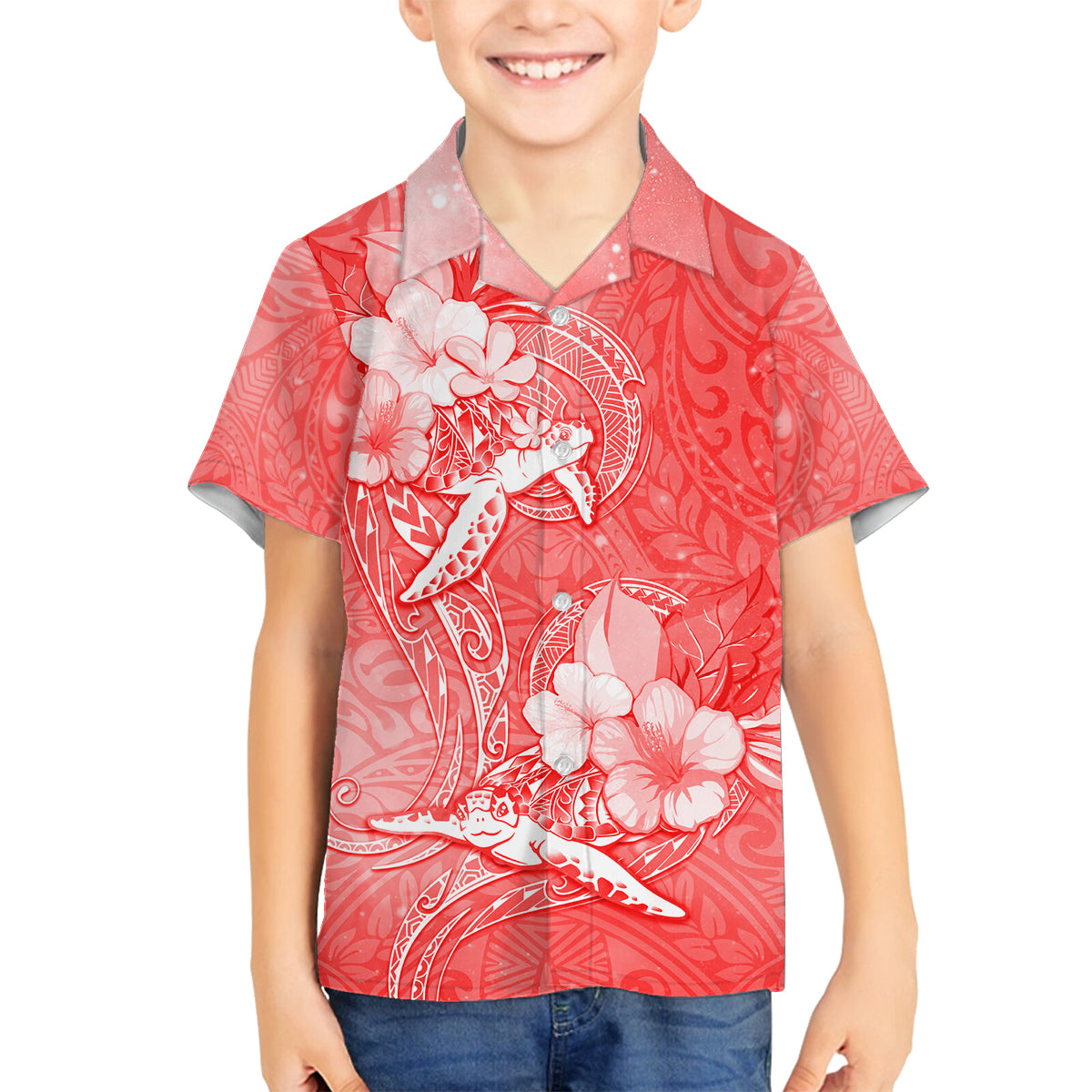 Polynesia Sea Turtle Couple Family Matching Off Shoulder Short Dress and Hawaiian Shirt Happy Valentine Day Red LT05 Son's Shirt Red - Polynesian Pride