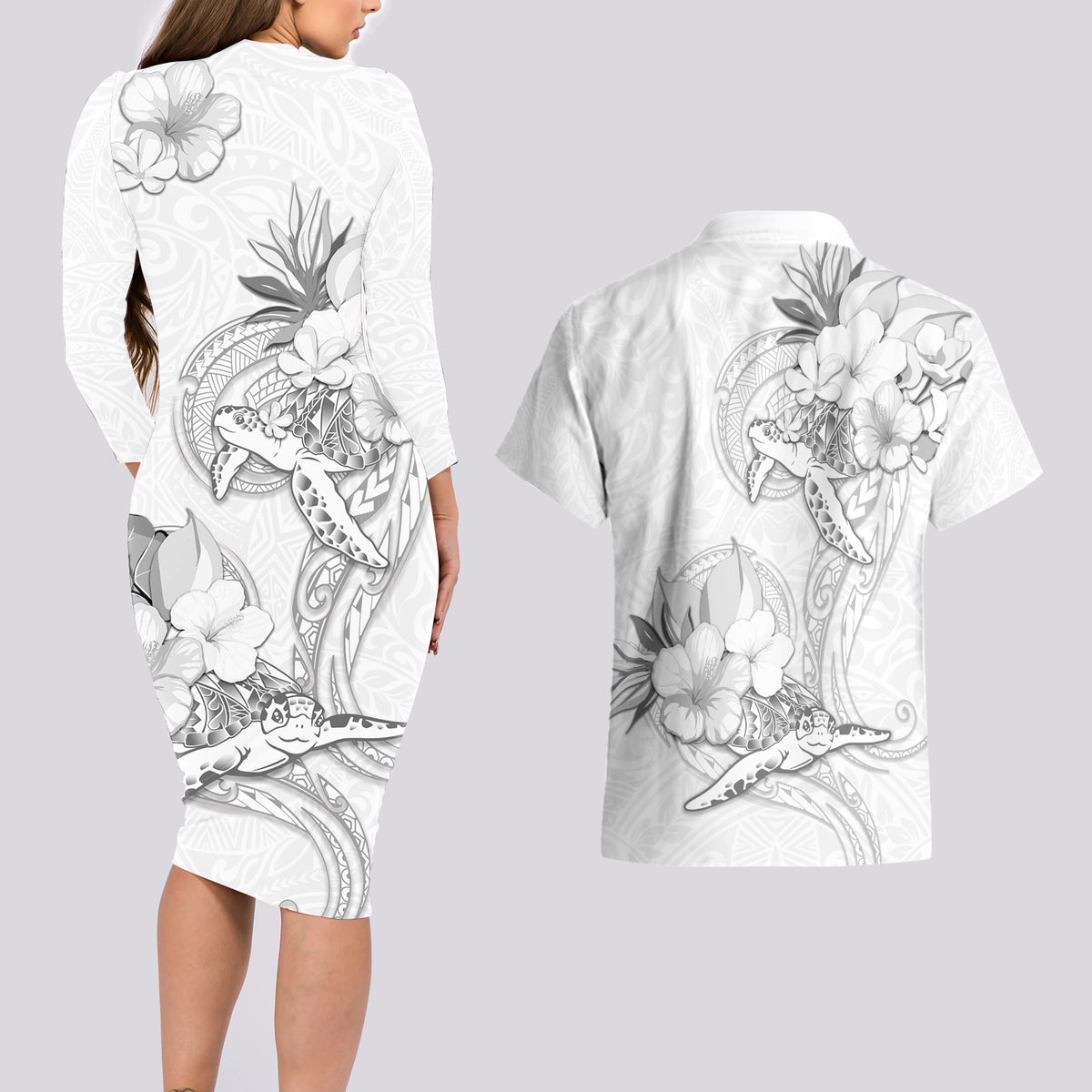 Polynesia Sea Turtle Couple Couples Matching Long Sleeve Bodycon Dress and Hawaiian Shirt Happy Valentine Day White LT05 - Polynesian Pride