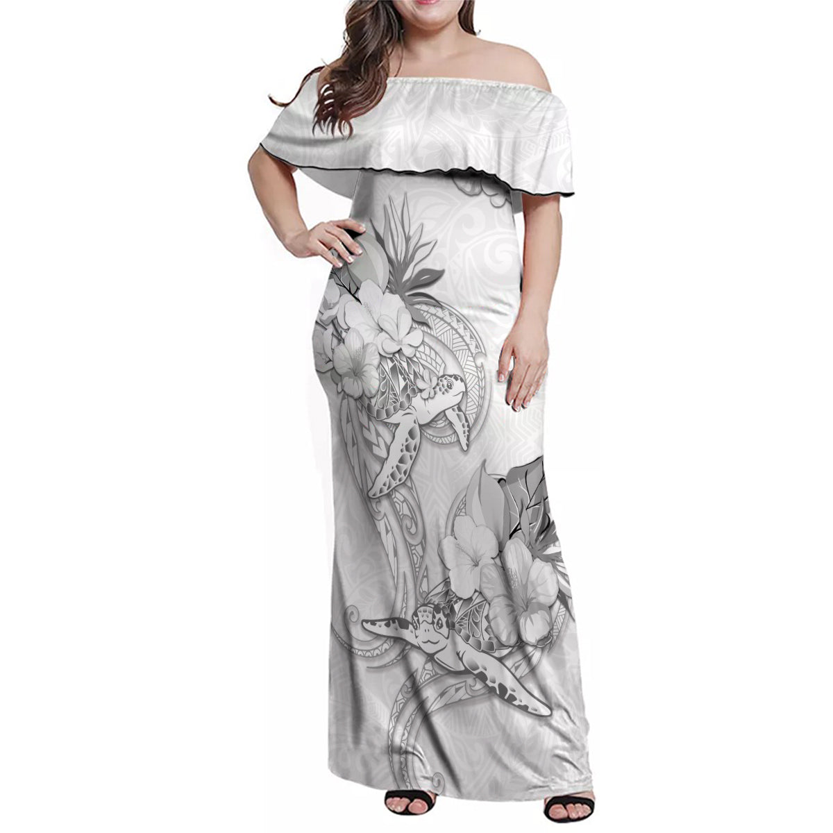 Polynesia Sea Turtle Couple Family Matching Off Shoulder Maxi Dress and Hawaiian Shirt Happy Valentine Day White LT05 Mom's Dress White - Polynesian Pride