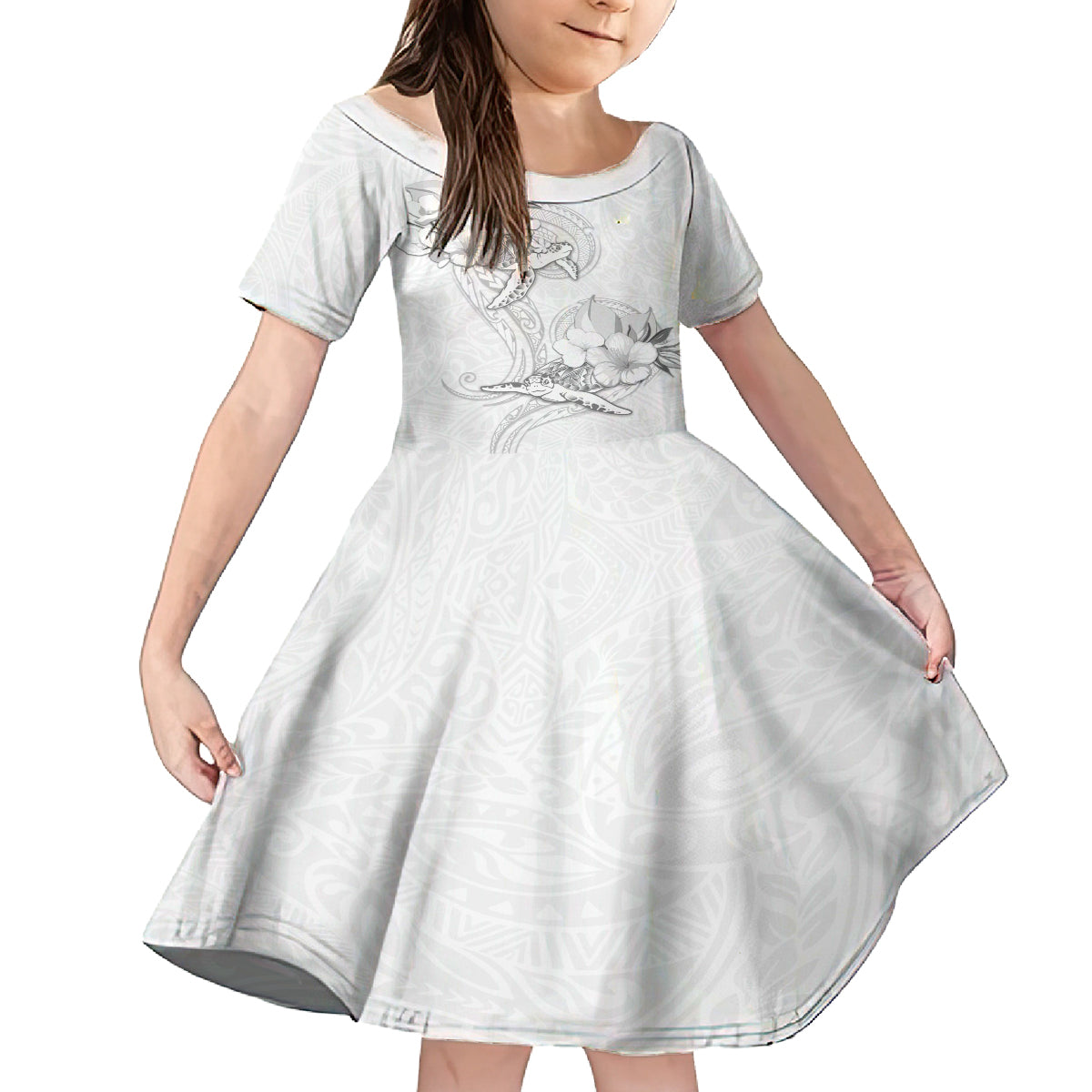 Polynesia Sea Turtle Couple Family Matching Tank Maxi Dress and Hawaiian Shirt Happy Valentine Day White LT05 Daughter's Dress White - Polynesian Pride