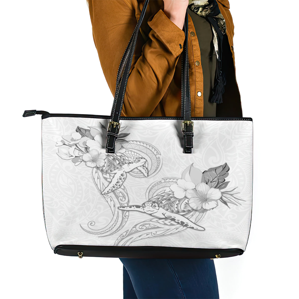 Polynesia Sea Turtle Couple Leather Tote Bag Happy Valentine Day White LT05 - Polynesian Pride