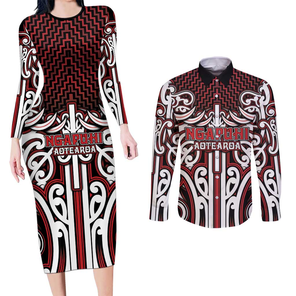 Custom Aotearoa Ngapuhi Couples Matching Long Sleeve Bodycon Dress and Long Sleeve Button Shirt Maori Tribal Pattern Mix Poutama