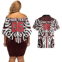 Custom Aotearoa Ngapuhi Couples Matching Off Shoulder Short Dress and Hawaiian Shirt Maori Tribal Pattern Mix Poutama