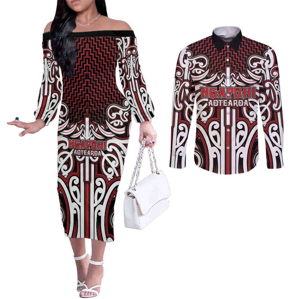 Custom Aotearoa Ngapuhi Couples Matching Off The Shoulder Long Sleeve Dress and Long Sleeve Button Shirt Maori Tribal Pattern Mix Poutama