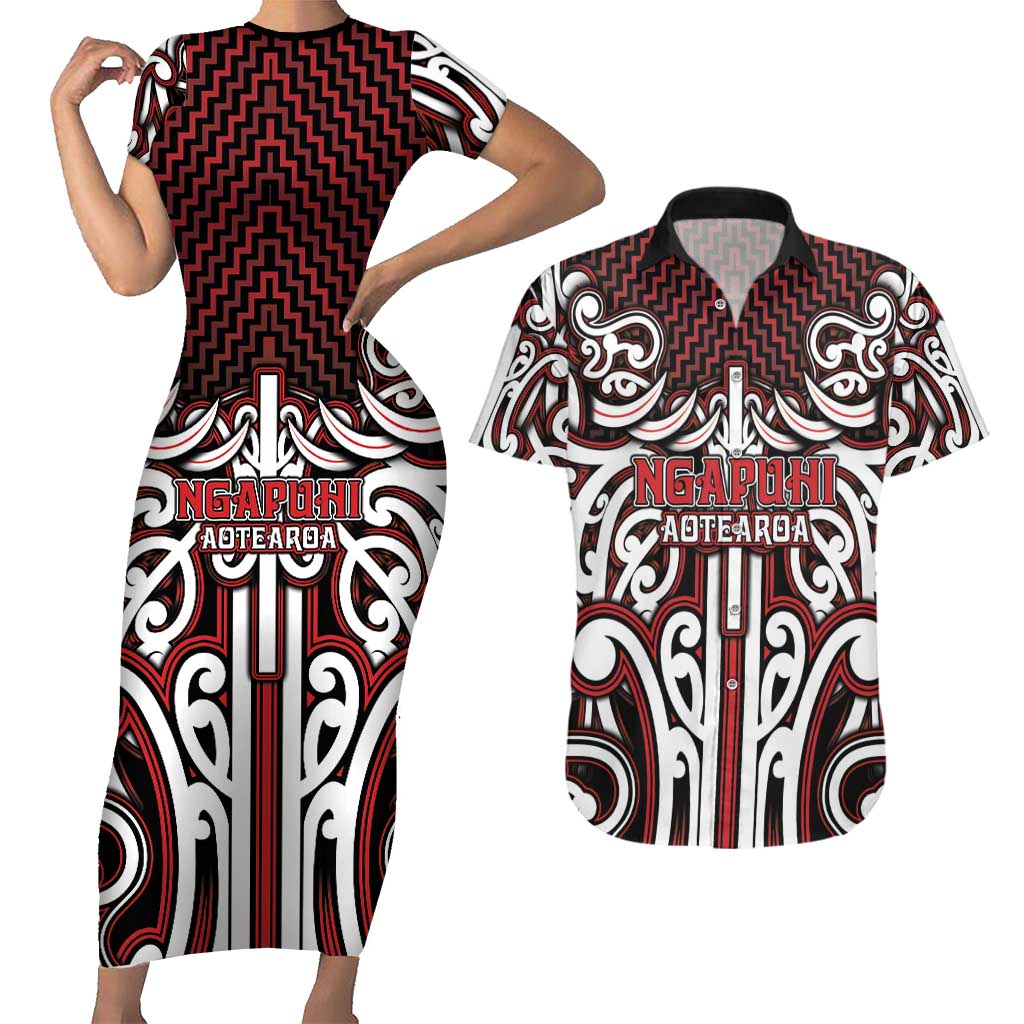 Custom Aotearoa Ngapuhi Couples Matching Short Sleeve Bodycon Dress and Hawaiian Shirt Maori Tribal Pattern Mix Poutama