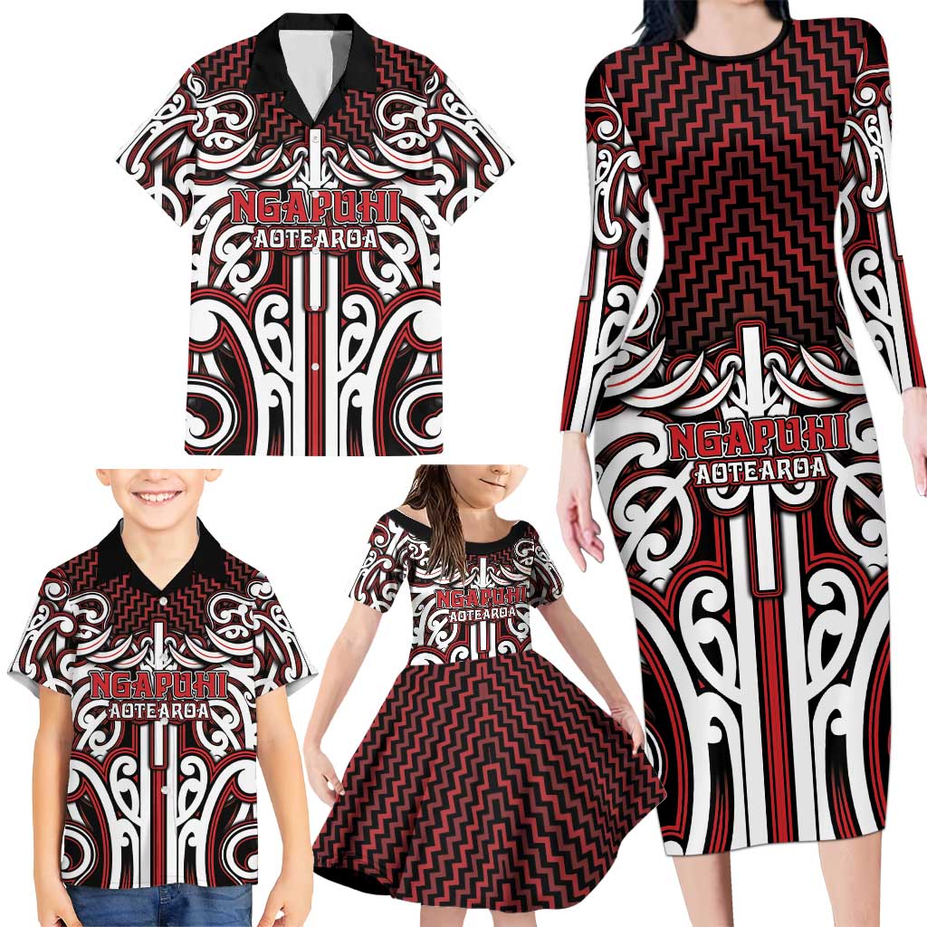 Custom Aotearoa Ngapuhi Family Matching Long Sleeve Bodycon Dress and Hawaiian Shirt Maori Tribal Pattern Mix Poutama