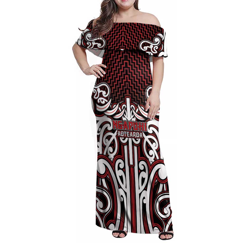 Custom Aotearoa Ngapuhi Family Matching Off Shoulder Maxi Dress and Hawaiian Shirt Maori Tribal Pattern Mix Poutama