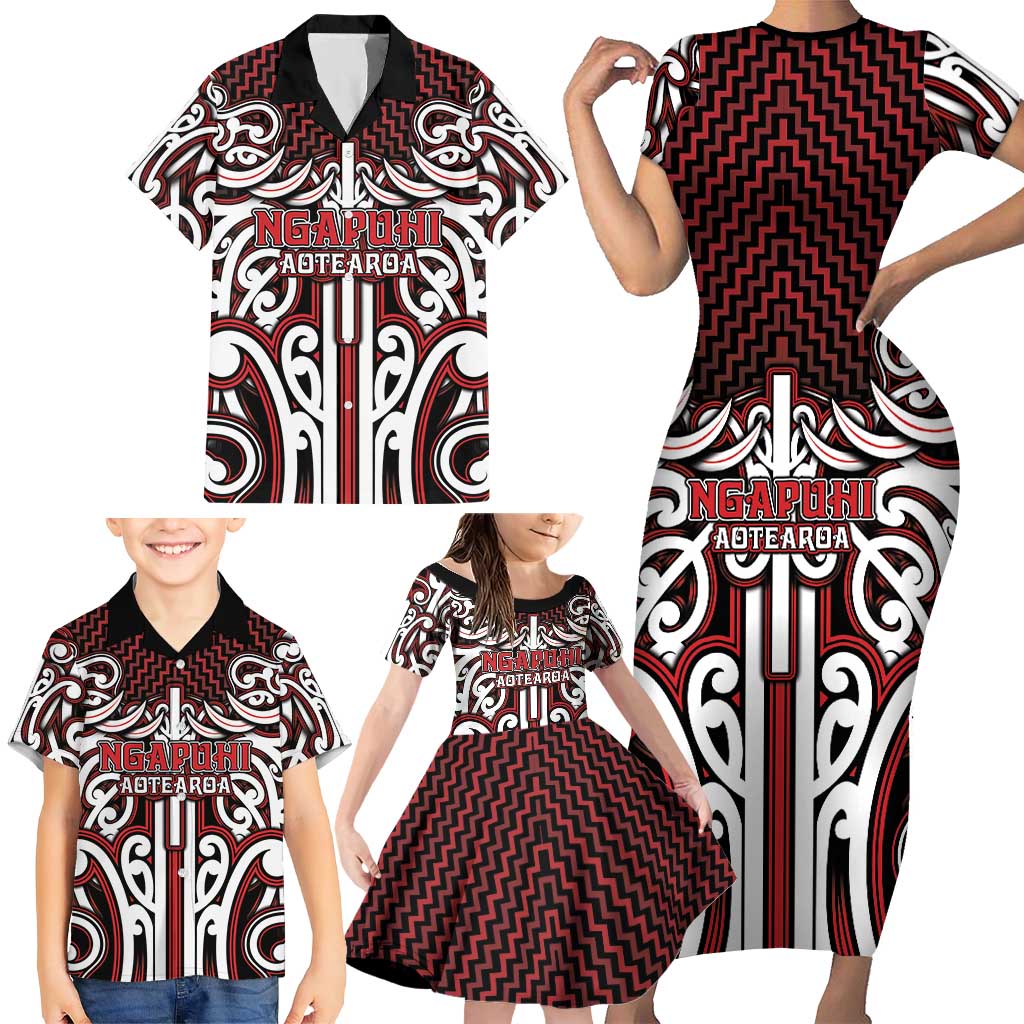 Custom Aotearoa Ngapuhi Family Matching Short Sleeve Bodycon Dress and Hawaiian Shirt Maori Tribal Pattern Mix Poutama