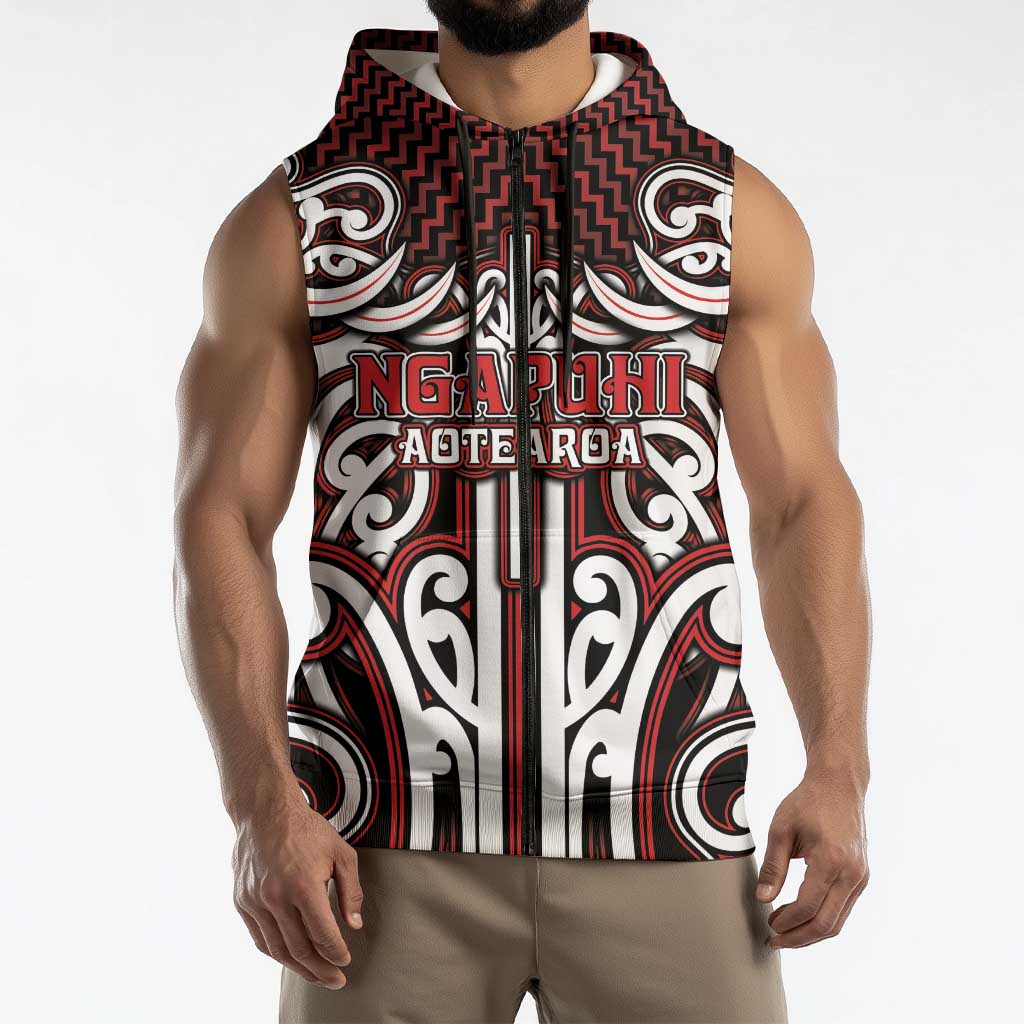 Custom Aotearoa Ngapuhi Sleeveless Zip Hoodie Maori Tribal Pattern Mix Poutama