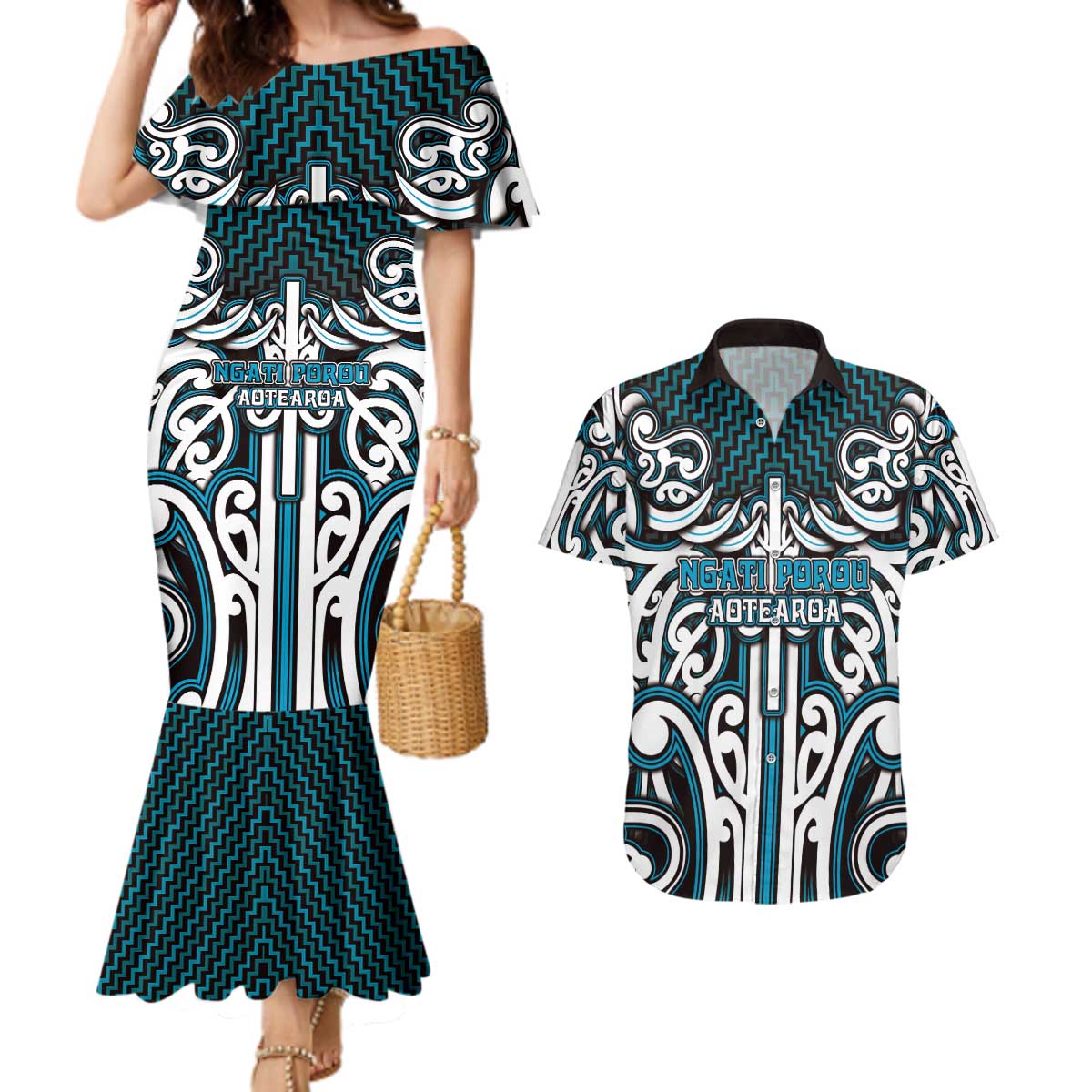Custom Aotearoa Ngati Porou Couples Matching Mermaid Dress and Hawaiian Shirt Maori Tribal Pattern Mix Poutama LT05 Blue - Polynesian Pride