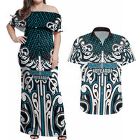 Custom Aotearoa Ngati Porou Couples Matching Off Shoulder Maxi Dress and Hawaiian Shirt Maori Tribal Pattern Mix Poutama