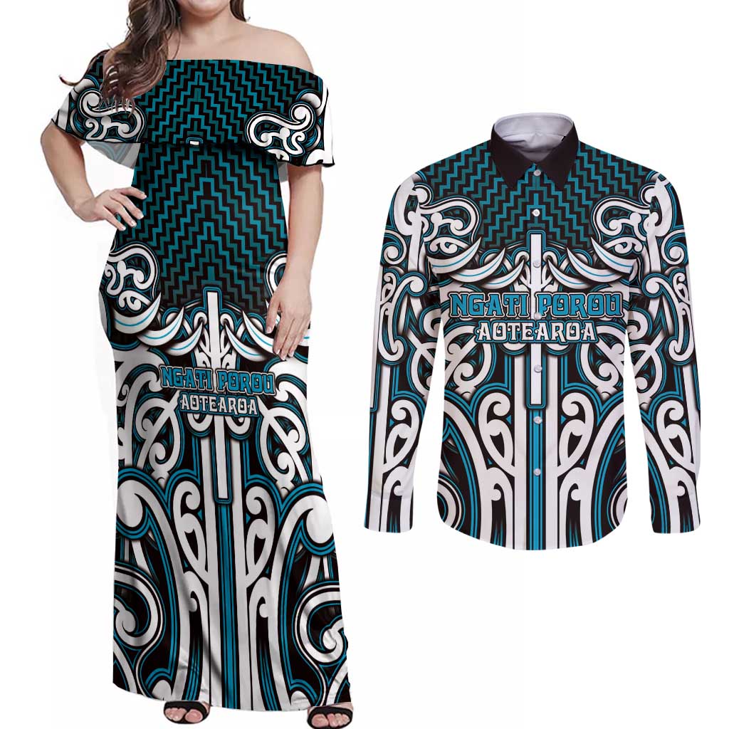 Custom Aotearoa Ngati Porou Couples Matching Off Shoulder Maxi Dress and Long Sleeve Button Shirt Maori Tribal Pattern Mix Poutama
