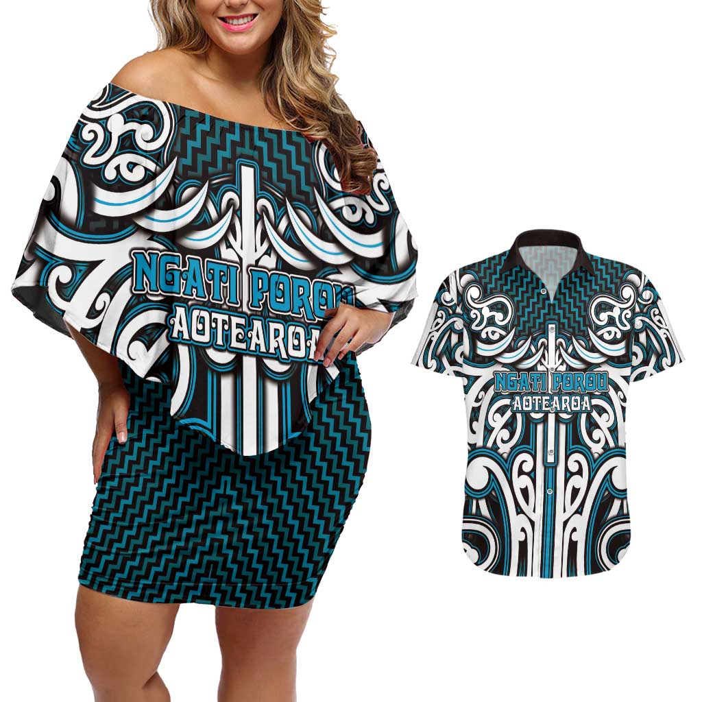 Custom Aotearoa Ngati Porou Couples Matching Off Shoulder Short Dress and Hawaiian Shirt Maori Tribal Pattern Mix Poutama