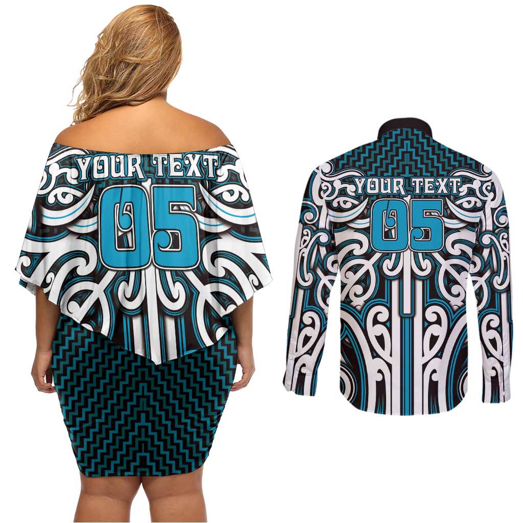 Custom Aotearoa Ngati Porou Couples Matching Off Shoulder Short Dress and Long Sleeve Button Shirt Maori Tribal Pattern Mix Poutama