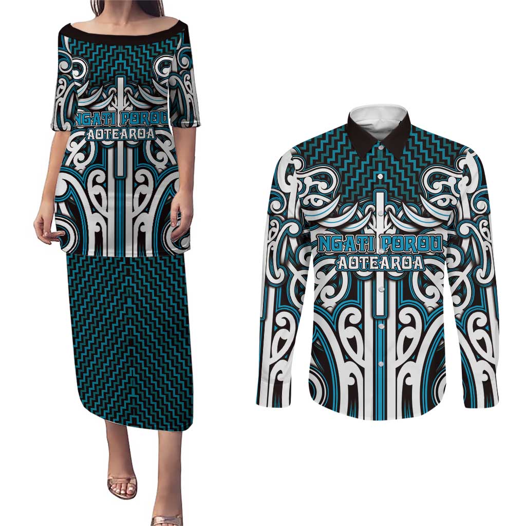 Custom Aotearoa Ngati Porou Couples Matching Puletasi and Long Sleeve Button Shirt Maori Tribal Pattern Mix Poutama