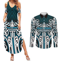 Custom Aotearoa Ngati Porou Couples Matching Summer Maxi Dress and Long Sleeve Button Shirt Maori Tribal Pattern Mix Poutama