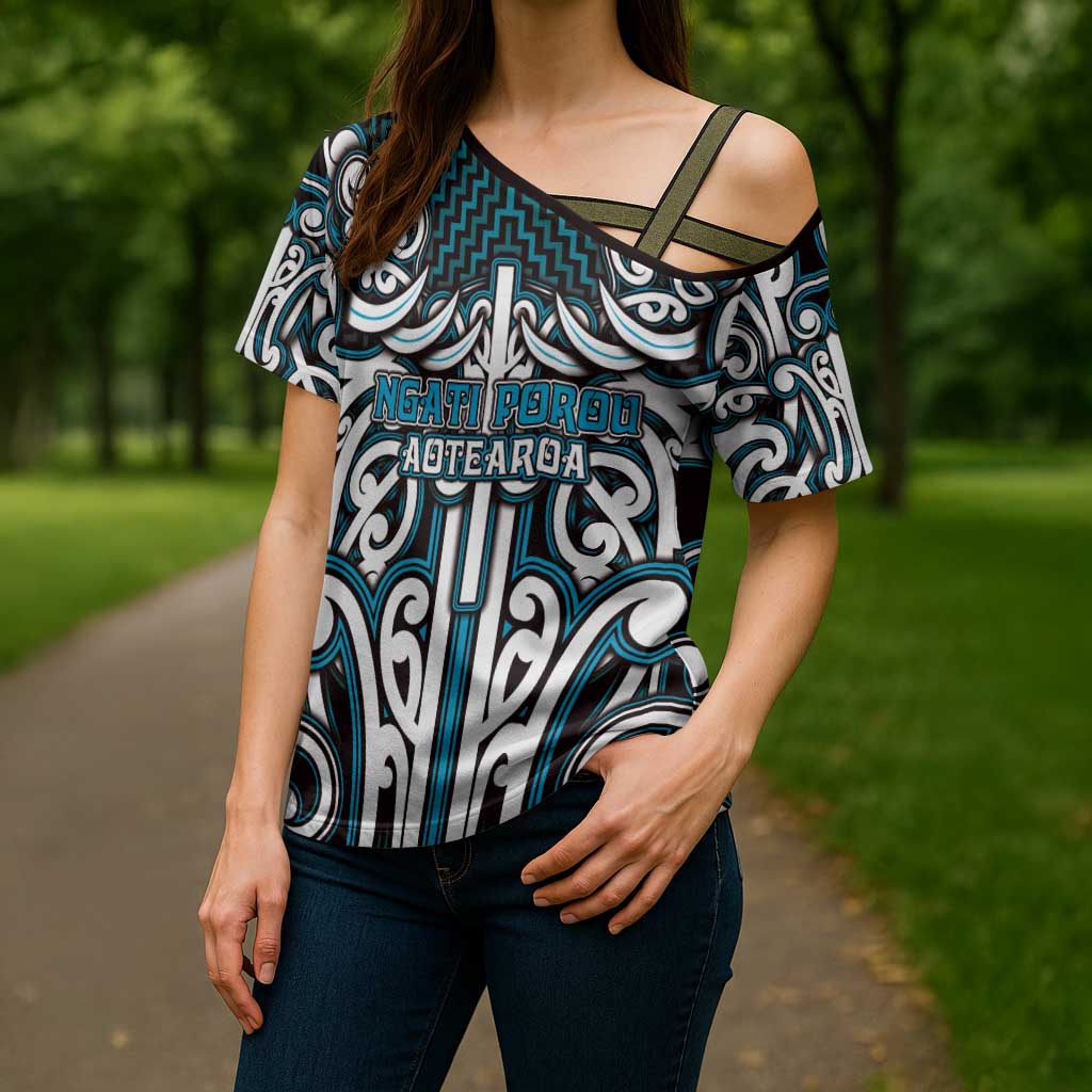 Custom Aotearoa Ngati Porou Cross Shoulder Shirt Maori Tribal Pattern Mix Poutama
