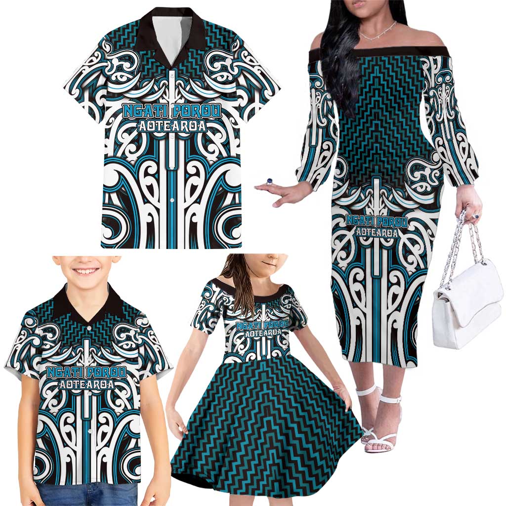 Custom Aotearoa Ngati Porou Family Matching Off The Shoulder Long Sleeve Dress and Hawaiian Shirt Maori Tribal Pattern Mix Poutama