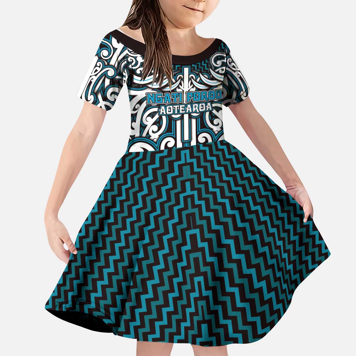 Custom Aotearoa Ngati Porou Kid Short Sleeve Dress Maori Tribal Pattern Mix Poutama LT05 KID Blue - Polynesian Pride